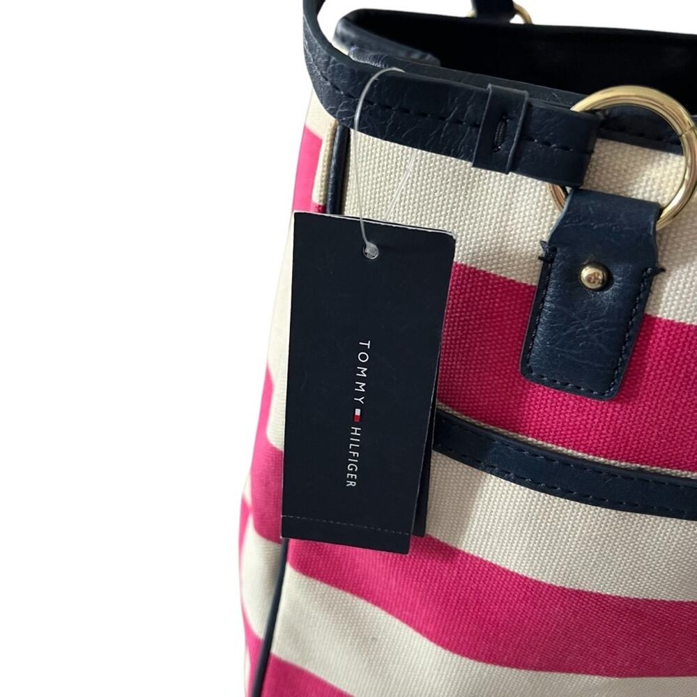 NEW TOMMY HILFIGER Satchel Tote Bag Pink Cream Striped Navy Trim NWT 1652-57 - Picture 2 of 13